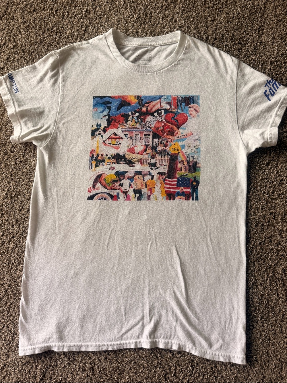 White Graphic Crewneck T-Shirt with Colorful Collage Print
